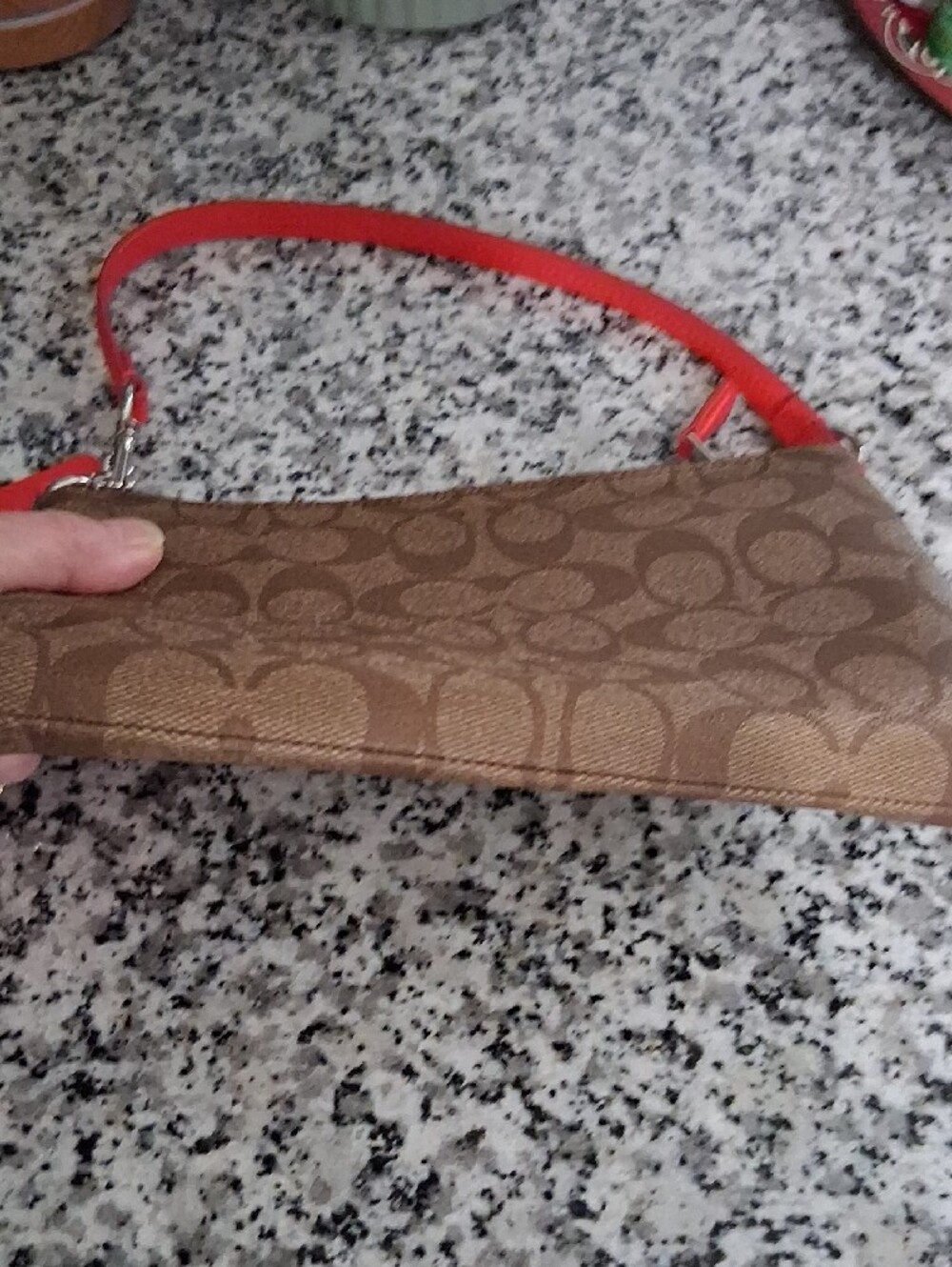 Coach Brown Signature Canvas Wristlet/Clutch MINI bag  with Orange Trim EUC - Picture 7 of 13